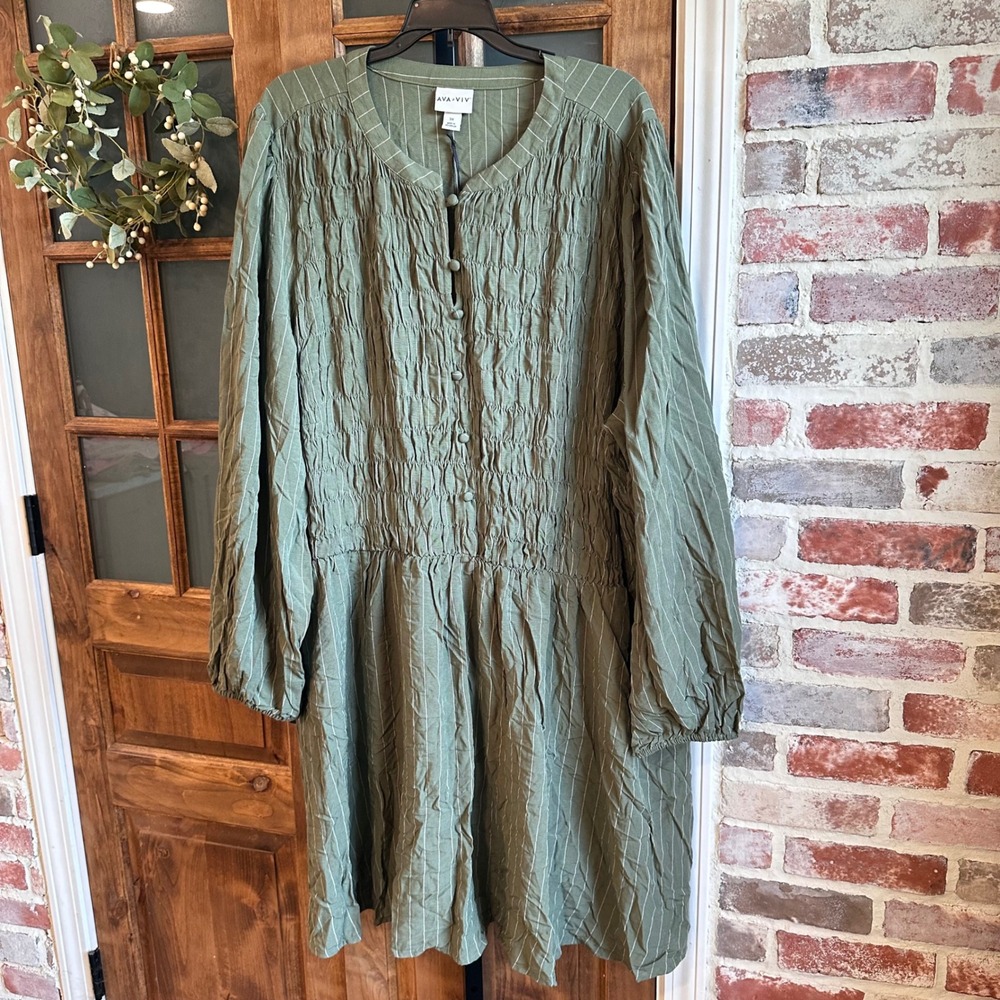 Ava & Viv Dress Women Olive Green Pinstripe Smocked Long Sleeve Plus Size 3X